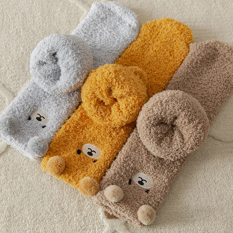 Women Socks Bear 2 Pairs Coral Velvet Thick Plush Warm