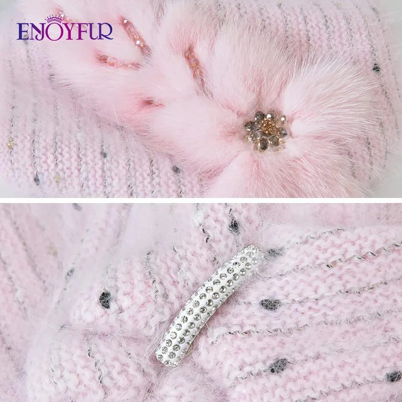 ENJOYFUR Women's Real Mink Fur Beret Hat - Genuine Fur Winter Beanie, Knitted Warm Hat