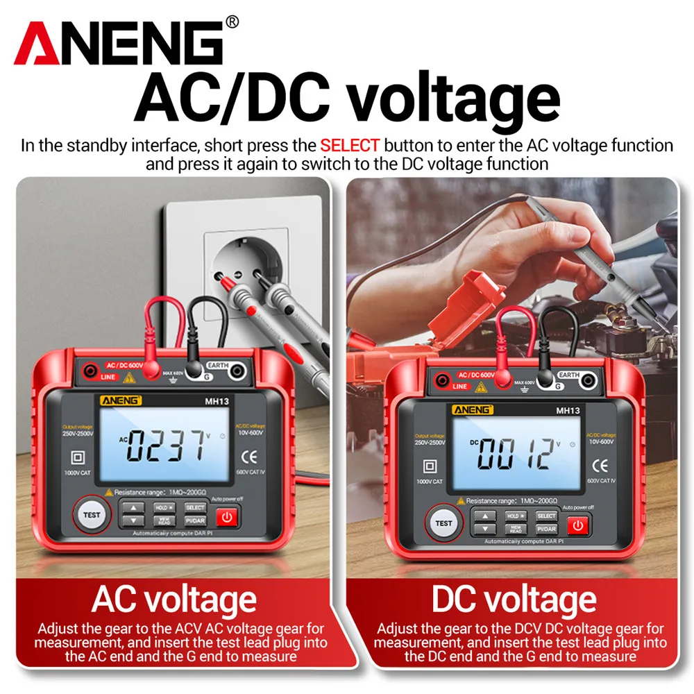Voltage Tester ANENG MH13 Insulation Resistance Digital Megohmmeter AC/DC Earth High Voltage