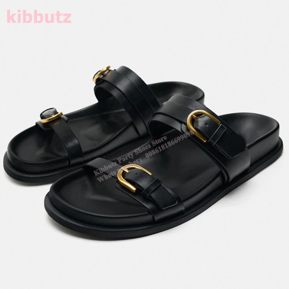 Belt Buckle Genuine Leather Slippers Round Toe Flat With Solid Color Fashion Elegant Sexy Outdoor Summer Concise Women Shoes New