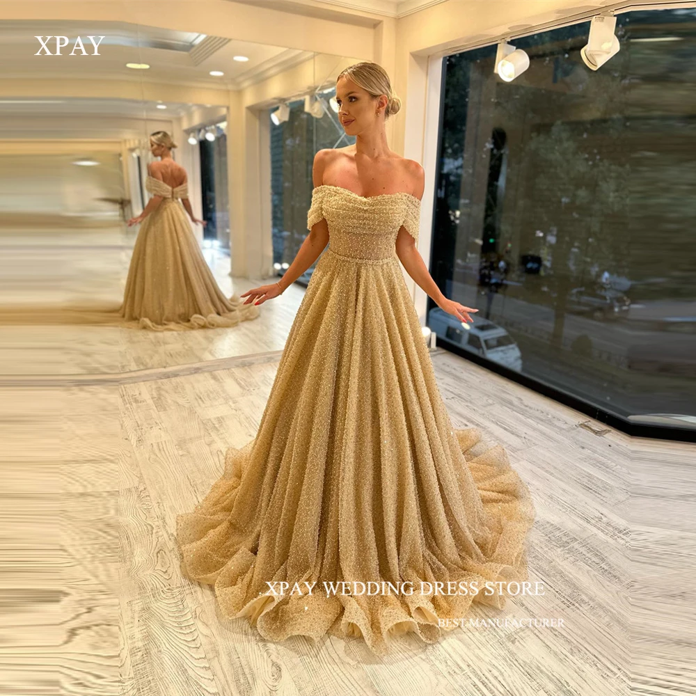 

XPAY Sexy Off Shoulder Champagne Evening Dresses Glitter Sleeves Floor Length Prom Gowns Formal Party Occasion Dress Long