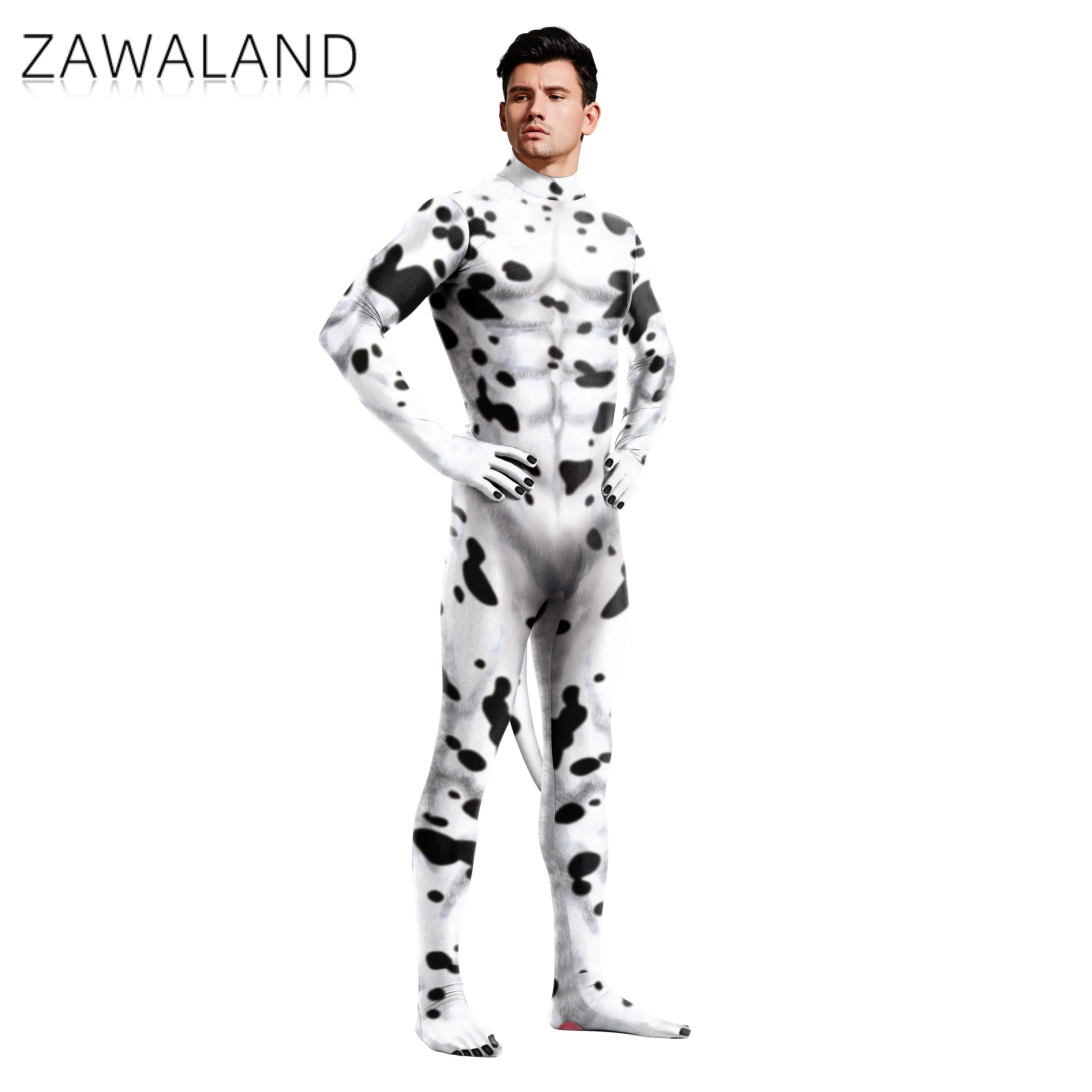 Cosplay Costume Zawaland Milk Cow Cosplay Costume Animal Printed Full Cover Suit Adult Jumpsuit Zentai Carnival Catsuits with Tail Fancy Outfit Cosplay Costume