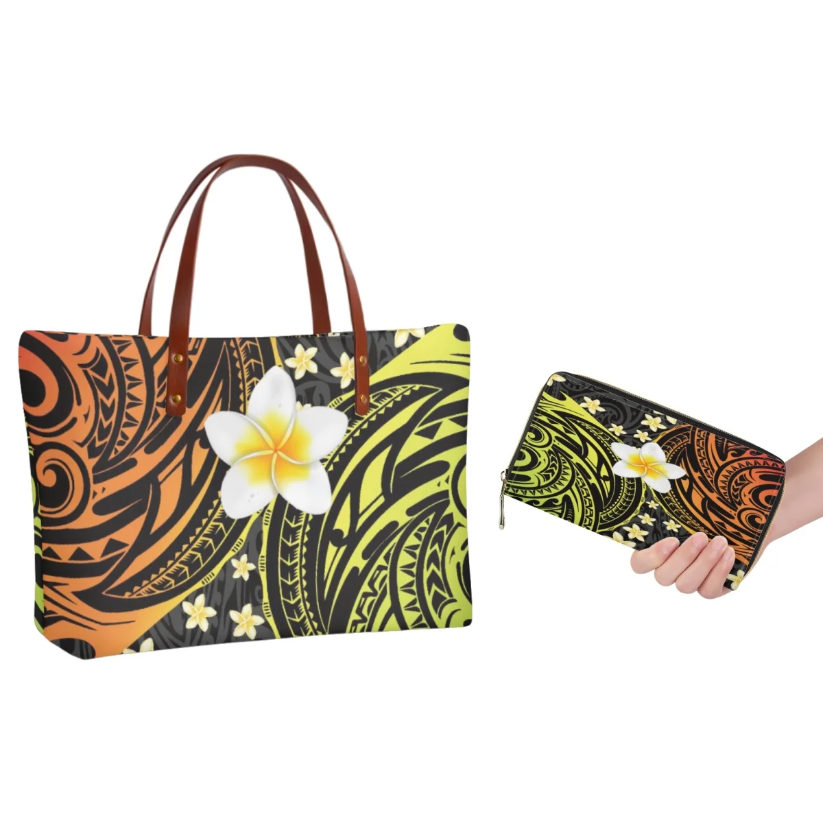 Forudesigns Tattoo Design Combinazione Portafoglio Tote Bag Polinesiano Frangipani Tote Bag Ladies Classic Storage Bags Opzionale