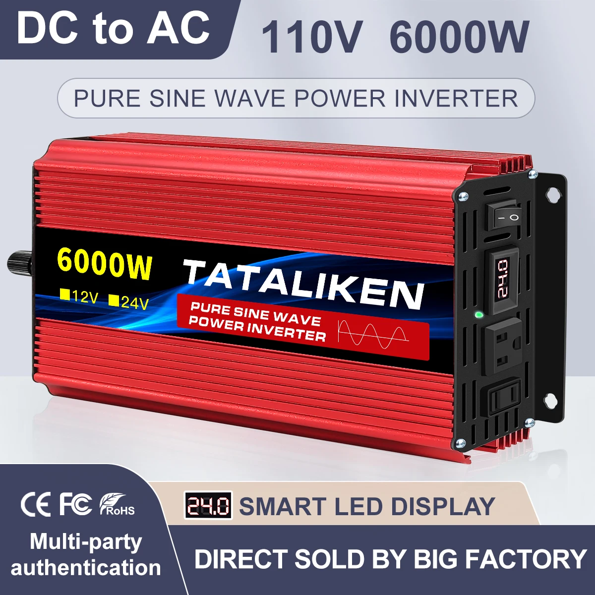 Tranfermer 12V/24V to AC 110V 60HZ Pure Sine Wave Inverter Car Power  6000W Voltage Portable Converter with LED