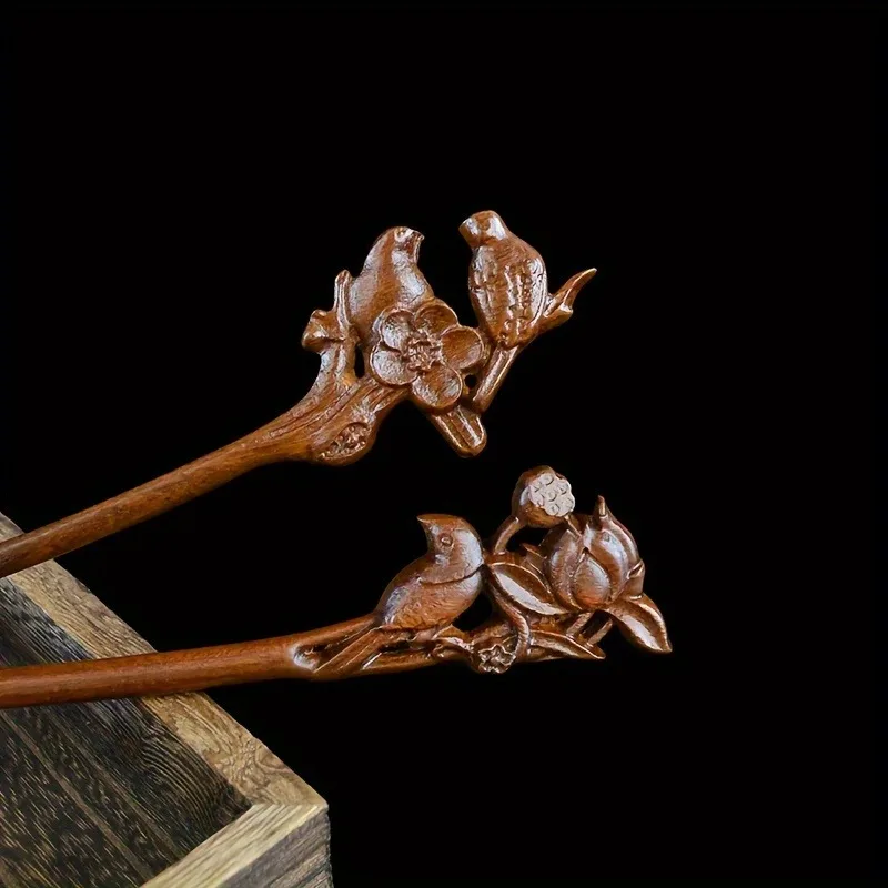 Women's Wood Carved Hair Accessory Collar Bird Peony Carving Suitable for Daily Gatherings Solid Wood Hairpin For Hair Accessory