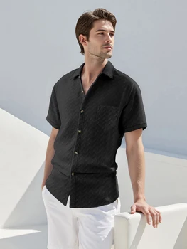 Men s Casual Short Sleeve Button Down Shirt with Turn-down Collar Solid Color Summer Top for Daily Wear and Outings 4