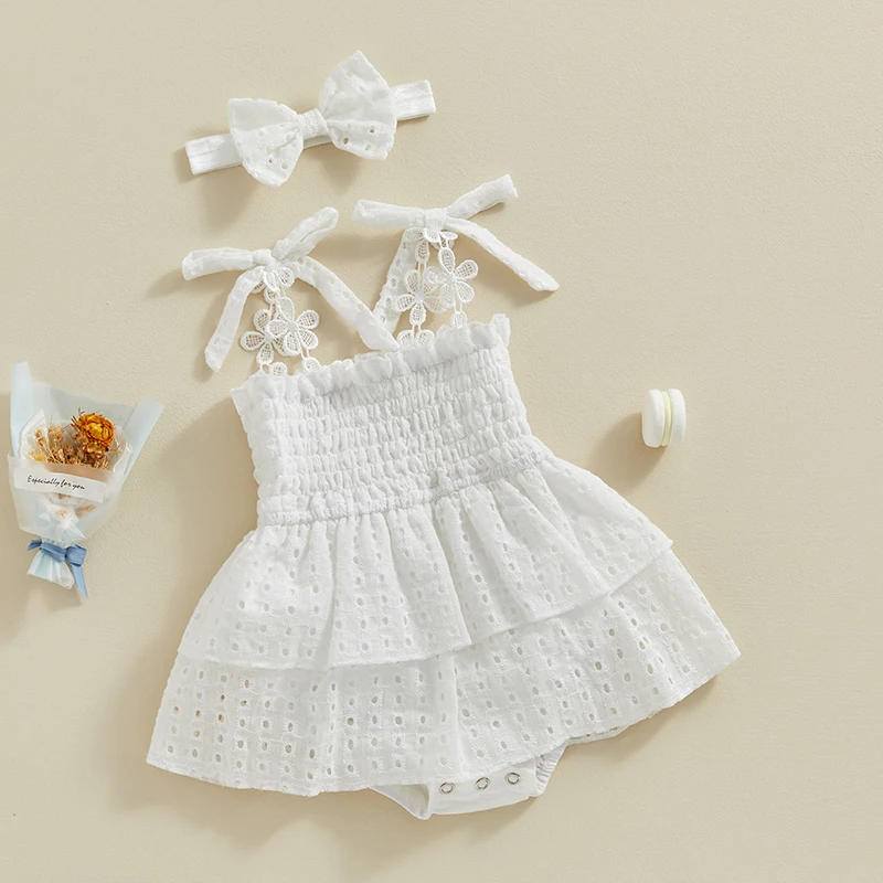 

Suefunskry Baby Girls Romper Dress Eyelet Flower Embroidery Bowknot Tie-Up Straps Skirt Hem Infant Summer Bodysuit with Headband