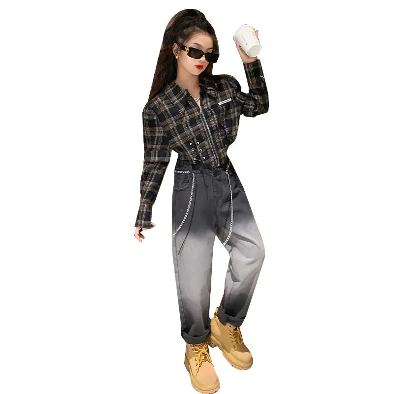 

2023 Spring Girls Fashion Clothing Sets Plaid Top and Gradient Color Jeans Cool 2PCs Outfits School Children Hip Hop Streetwear