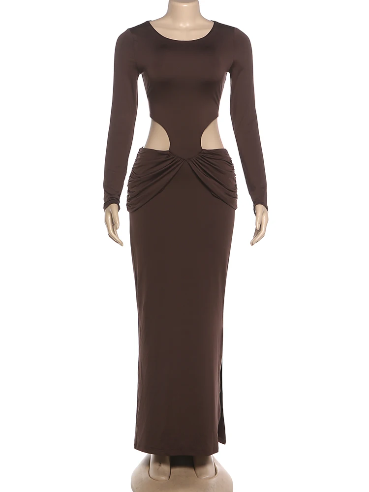 Nibber Waistless Maxi Dress Women Folds Full Sleeve Skinny Solid Backless Elasticity Side Slit Elegant Banquet Chic Vestidos