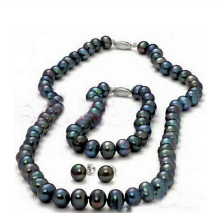 

ping 9 -10mm Real Black Pearl 18KWGP Clasp Necklace Bracelet Earrings Set