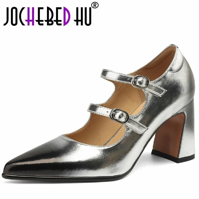 

【JOCHEBED HU】Brand Genuine Leather Mary Jane Shoes Fashion Brand Design Pumps High Heels Femme Pointed Toe Party Ladies 33-40