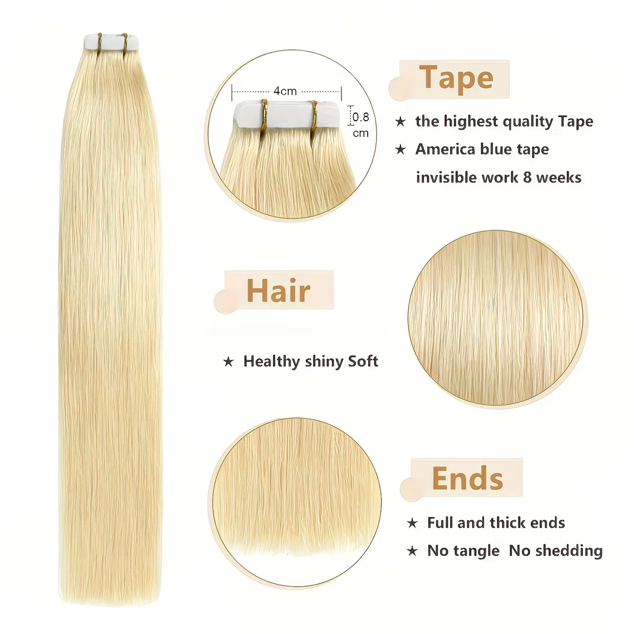 인모 20개/50g 인모 금발 613 테이프 인 헤어 익스텐션 - 스트레이트 금발(613) 색상, 자연스러운 무형 테이프