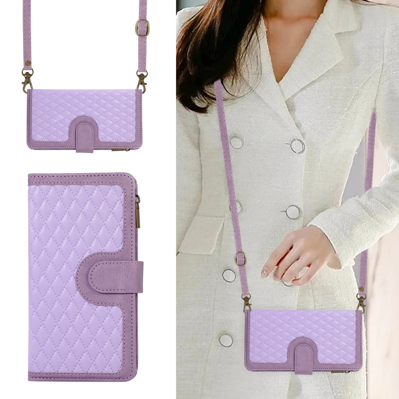 Luxury Zipper Leather Flip Wallet Phone Case with Lanyard and Card Holder