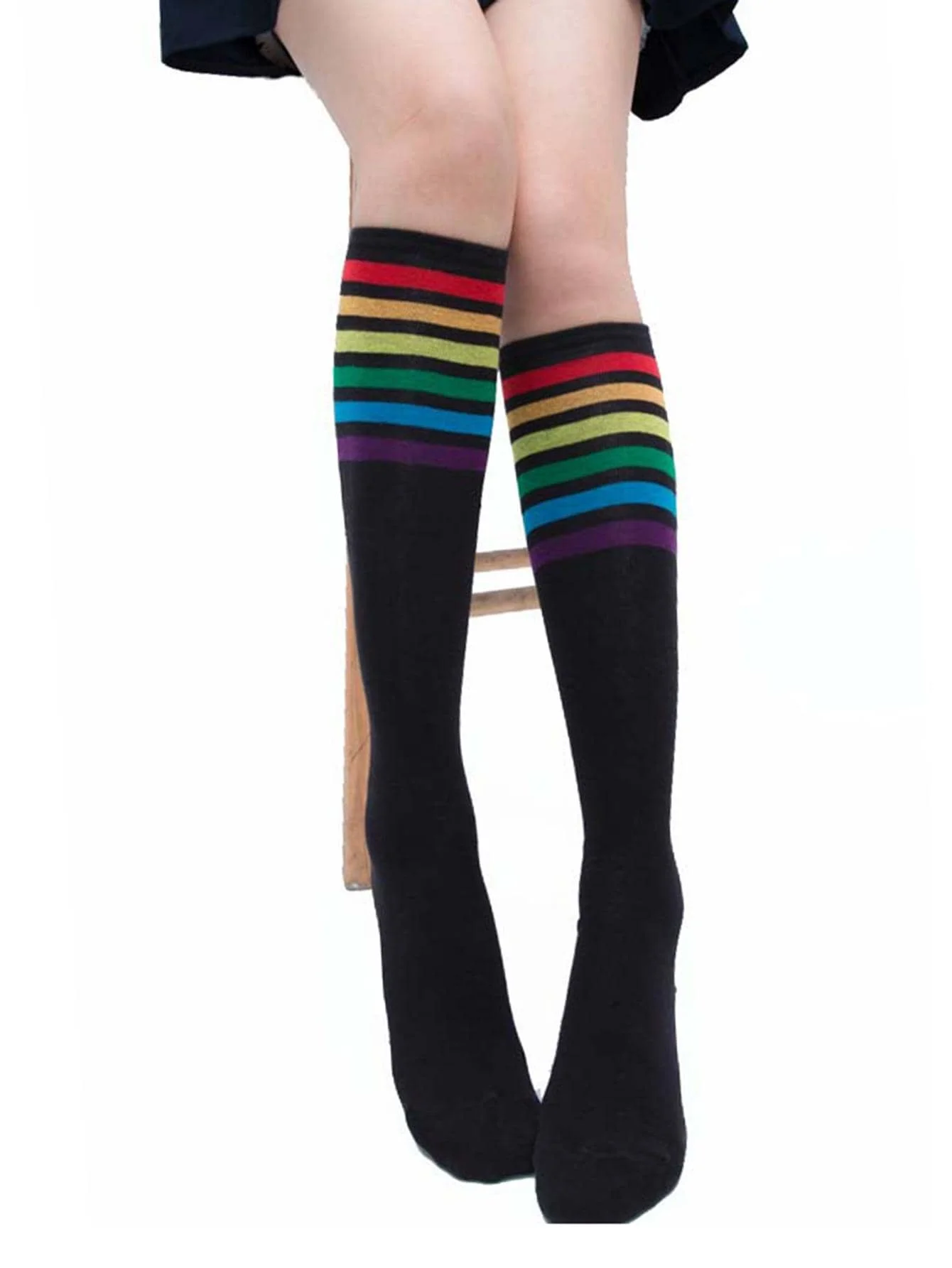 1 Paar JK-Wadensocken, Lolita-Strümpfe für Mädchen, Regenbogen-gestreifte Campus-Göttin-Style-Sommerstrümpfe, Lolita-Socken