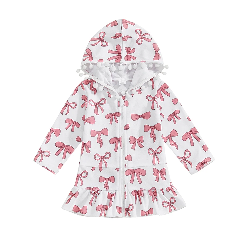 Girls Hooded Beach Robe Bow Print Long Sleeve Zipper Closure Loose Ruffled Hem Cover-Up