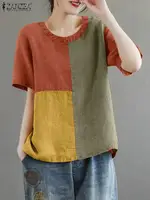 ZANZEA Women Patchwork Blouse 2024 Summer Short Sleeve Tunics Fashion Round Neck Shirts Casual Loose Holiday Cotton Linen Tops - Image 2