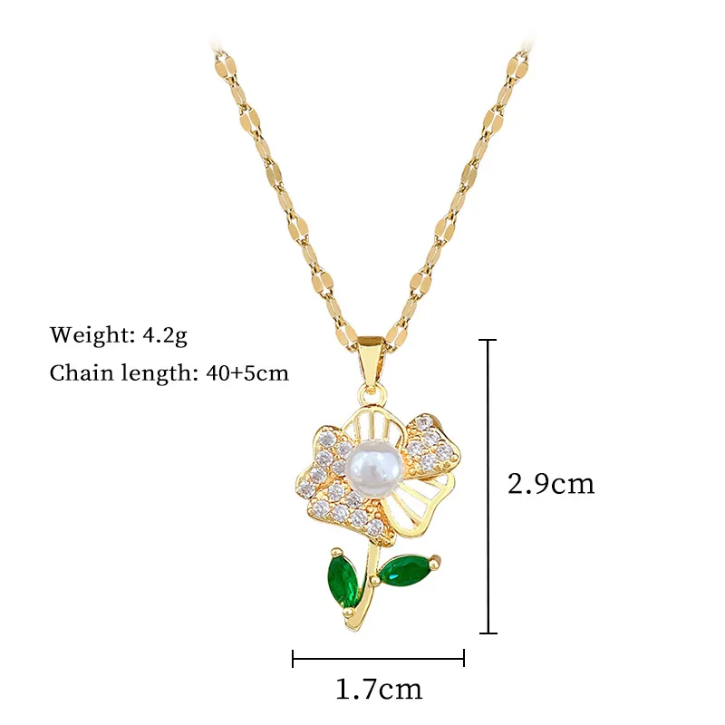 ZAKOL Luxury Shiny Zircon Pearl Flowers Pendant Necklace Earrings Set for Women Stainless Steel Chain Choker Jewelry Sets 6
