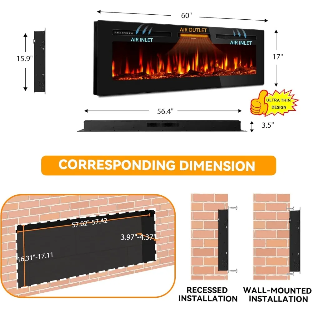 Electric Fireplace 60 Inches, Floating Wall Faux Fireplace Electric with Realistic Flames Ultra-Thin Fire Place Heater 3