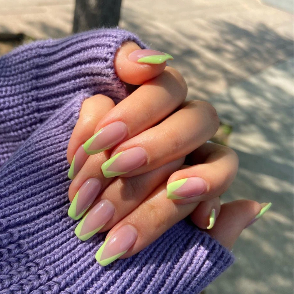 24pcs Skin Color Green V French Medium Length Press on Nails with Glue  Sticker Full Cover Square Fake Nail Art Tips with Designs| | - AliExpress