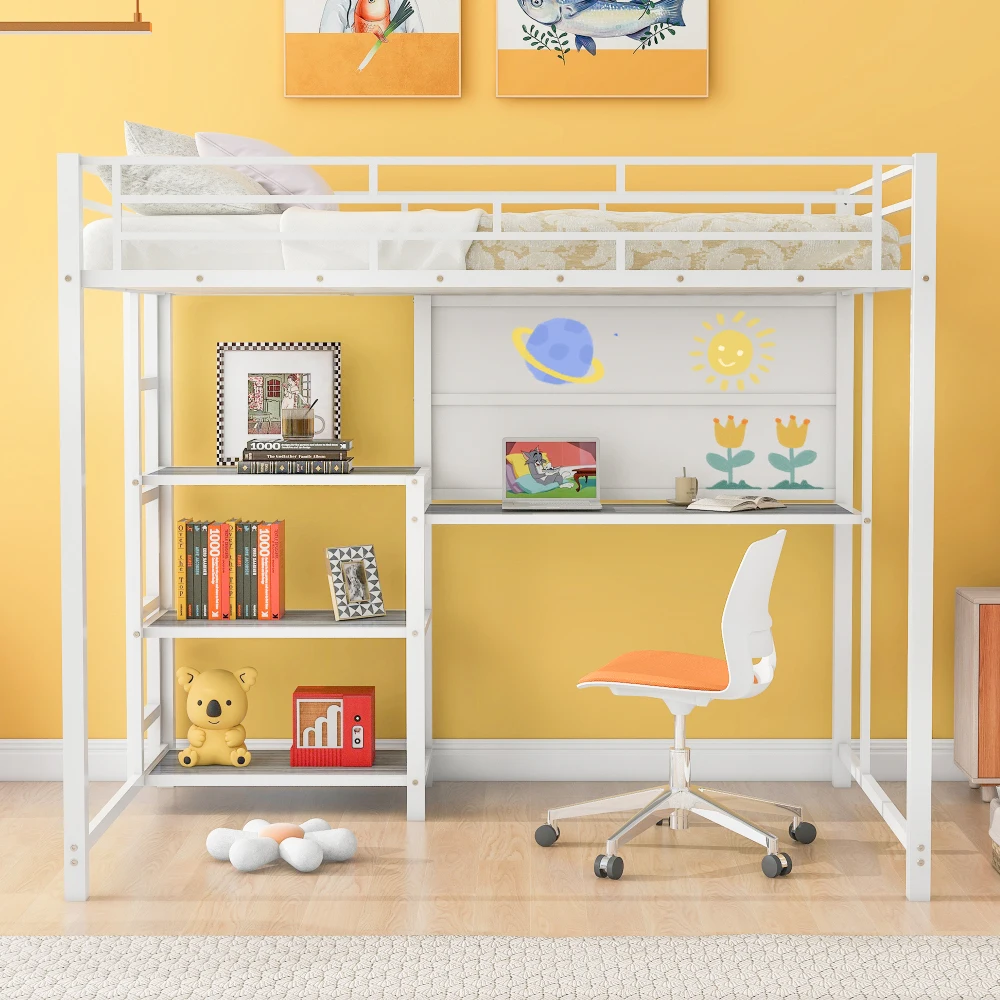 Full Size Loft Bed with Desk and Whiteboard, Metal Loft Bed with 3 Shelves and Ladder, White 2