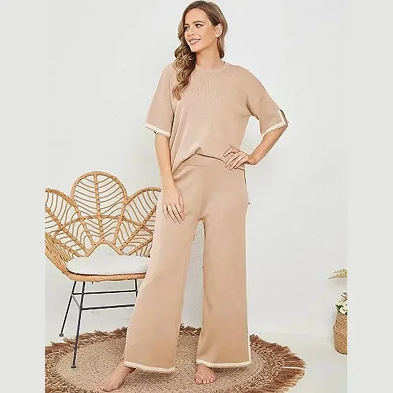 

Fashion Summer Casual Two Piece Set Tops Elegant Short Sleeve Pajama Suit Ladies Long Pants Outfits for Women Clothing New 30314