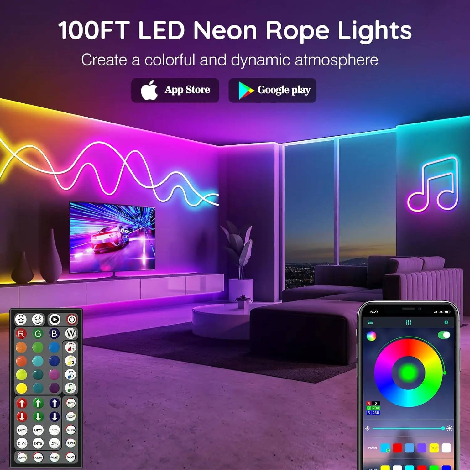 30M/20M Mexllex RGB Neon Light Strip with APP &Remote, Color Change Waterproof Music Sync Mode for Bedroom Room Outdoors Decro 4
