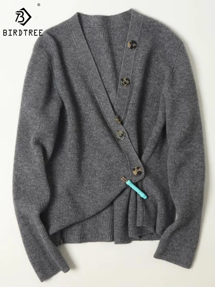 

Birdtree 100%Cashmere Cardigan Sweater Women's V Neck Solid Brooch Comfortable Commuting Versatile Knit Fall Winter T3N318QD
