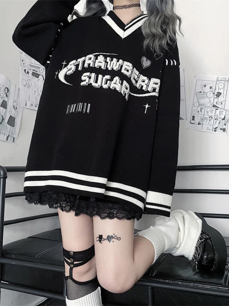 Deeptown Y2K Black Stripe Oversized Hoodies Women Harajuku Grunge Letter Print Sweatshirts V-neck Loose Casual Tops Gothic 2000s