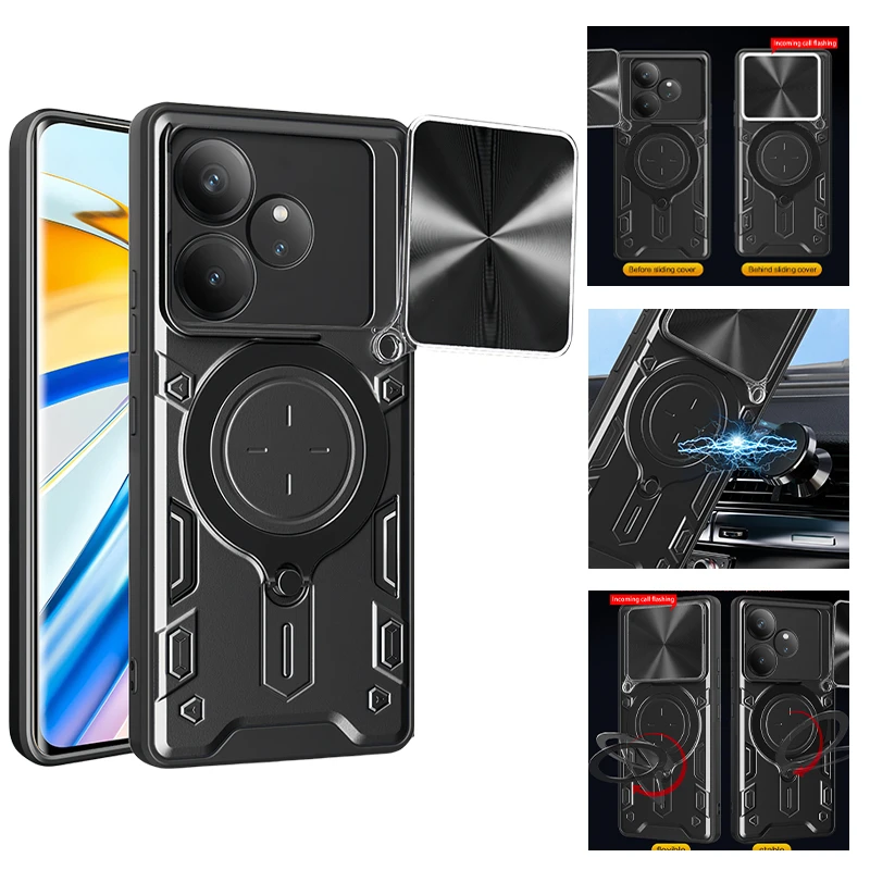 Enhanced Slide Lens Protect Phone Case with Armor Magnetic Holder and Ring Back Cover