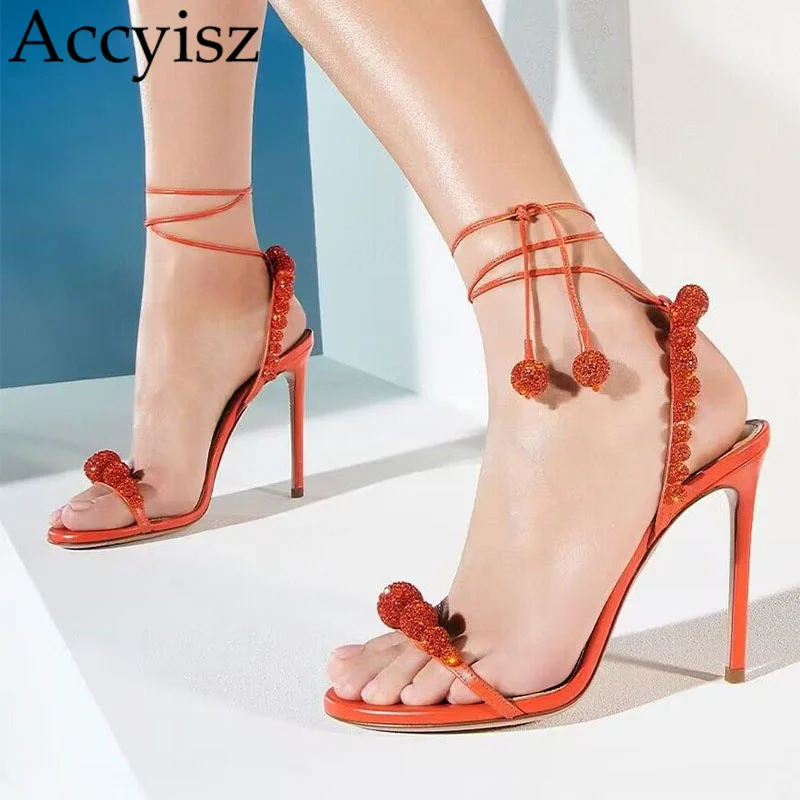 

New Summer Round Open Toe Crystal Decorative Sandals Women's Ankle Strap Thin High Heels Women Sandalias Party Sexy Dress Shoes