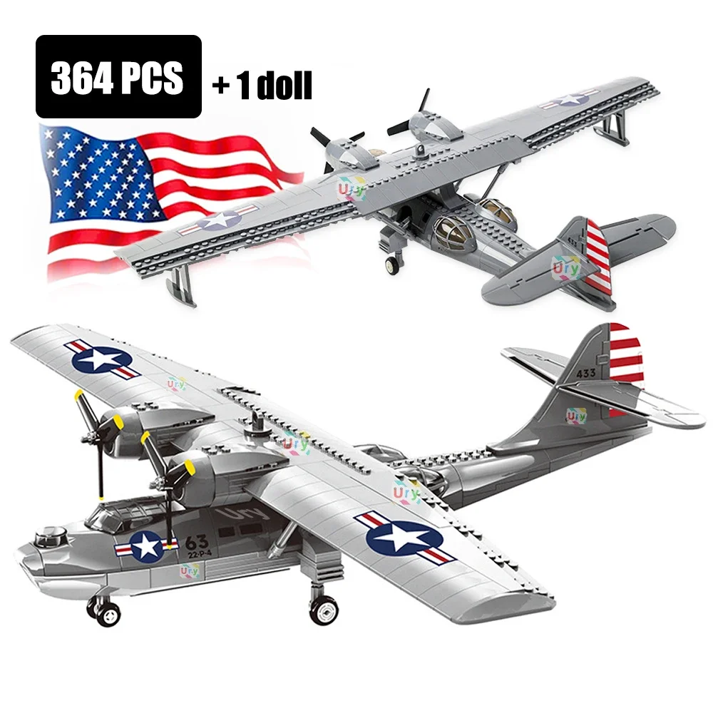 Ww2 Military Army Avion Plane Consolidated Pby-5A Santa Fighter Morden Warplane Set Aircraft Building Blocks For Boys Gift