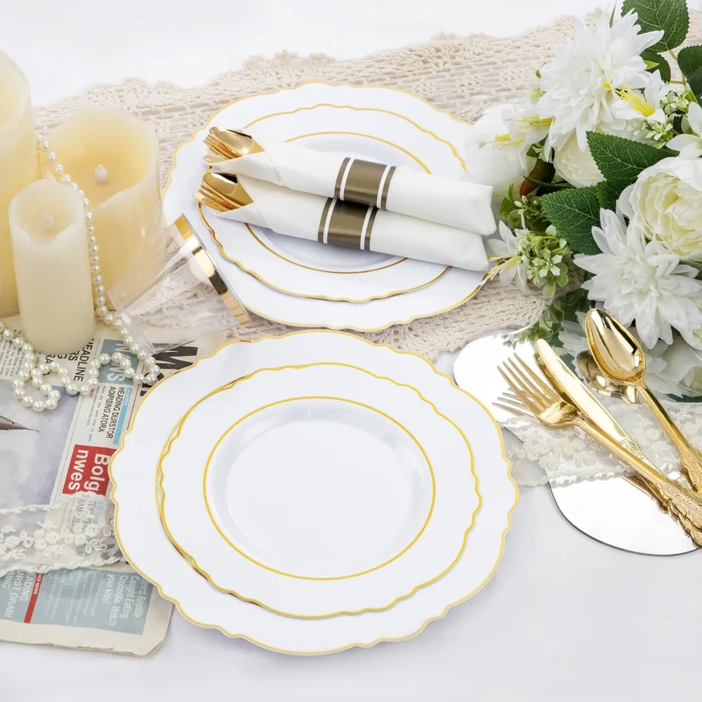 Liacere 350 PCS Plastic Disposable Plates 50guest Plastic Dinnerware Include 100Plates 50Pack Rolled Napkins with 50Cups Wedding