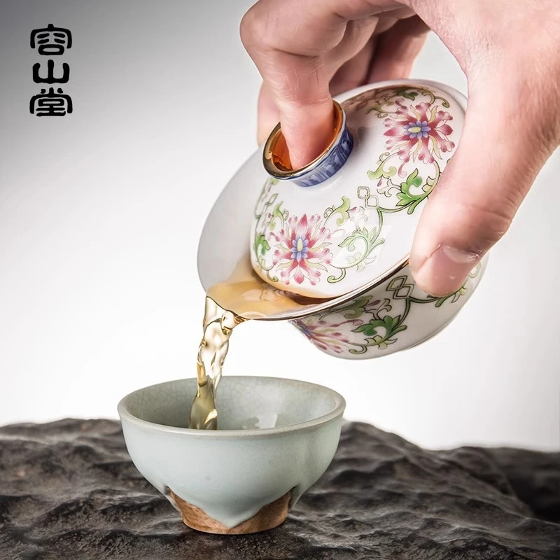 Rongshantang Jingyun covered bowl tea cup set ceramic large enamel painted Sancai blue and white tea bowl Kung Fu set