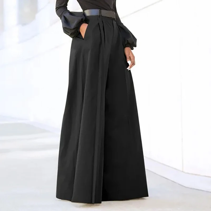 Summer Classic Pants Women's Solid High Waist Elegant Casual Loose Wide Palazzo Pants OL Office Work Long Trousers Flare Pants