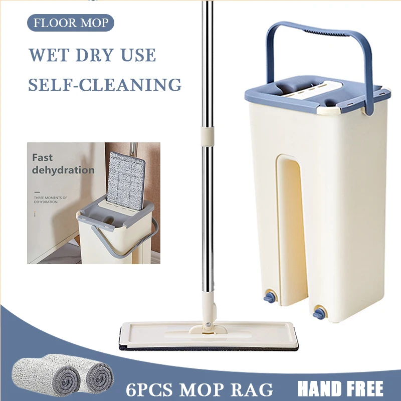 Squeeze Mop With Bucket Head 360 Rotating Flat Microfiber Pads Hand-free Wash Floor Wet And Dry Home Cleaning Tool | Дом и сад