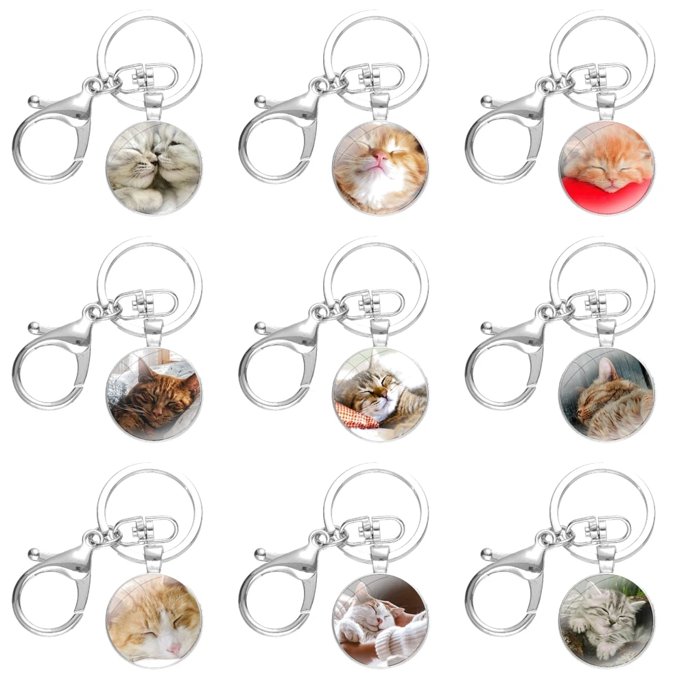 

Keychain Handmade Glass Cabochon Key Ring Holder Pendant Key Chains Sleeping Kitten Cat Fashion Design Cartoon Creative