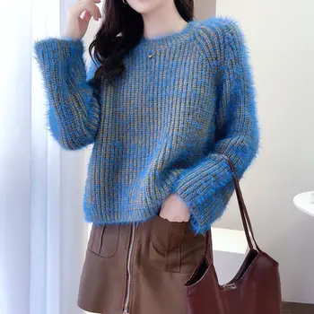 Mohair Split Sweater Women Blue O-neck Pullover 2