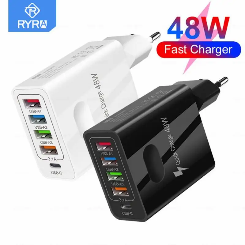 

RYRA 48W 5 Port USB Charger Charging EU/US/UK Plug Tablet Wall Mobile Charger Charging For IPhone Samsung 4USB+PD Charge Adapter