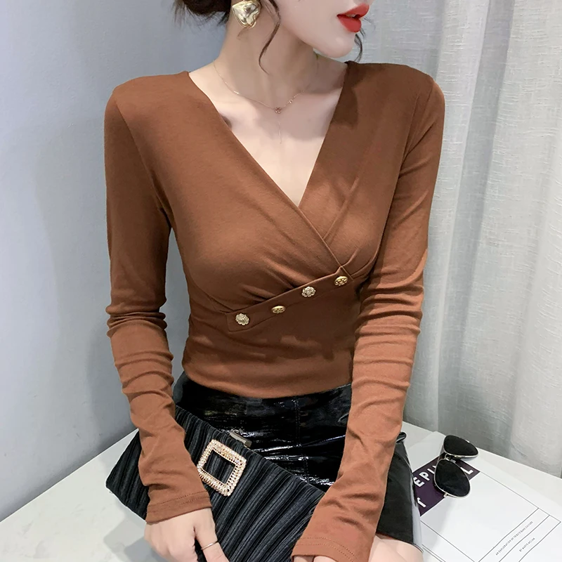 

New 2022 Autumn Winter Women's Tops Fashion Casual Crossover V-neck Temperament Slim Long-Sleeved T-shirt Blusas