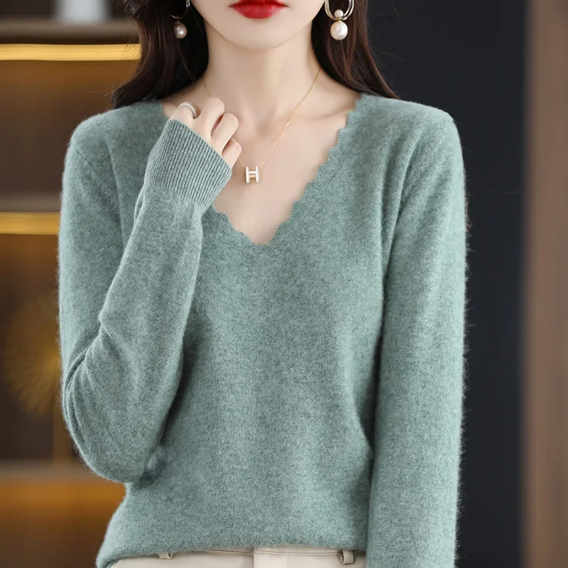 

Pure Wool Sweater Women's V-Neck Stitching Long-Sleeved Top Autumn Winter Warm Pullover Loose Knitted Cashmere Sweater B96
