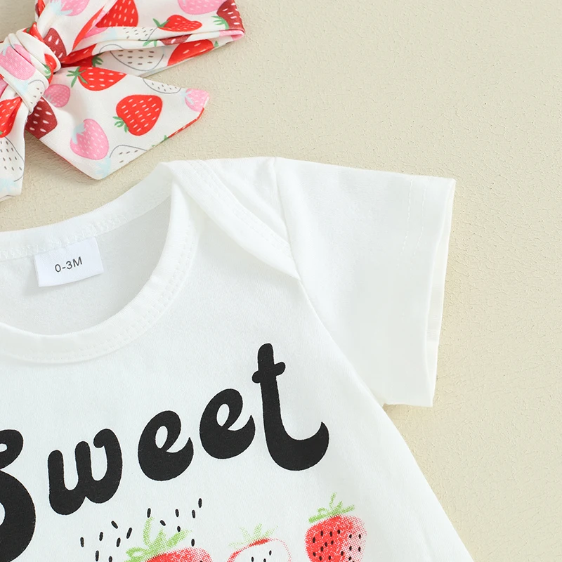 

Baby Girl Summer Clothes 3pcs Infant Strawberry Outfit Short Sleeve Romper Strawberry Print Flare Pants Headband