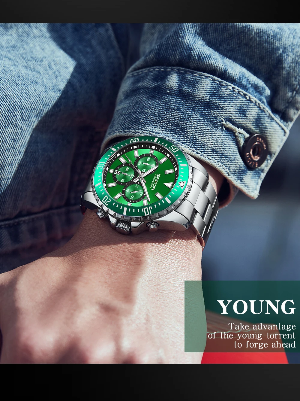 SANDA New Steel Band Calendar Men's Quartz Watch 5306 Simple Three Eyes Six Needle Green Water Ghost Fluorescent Men's Watch