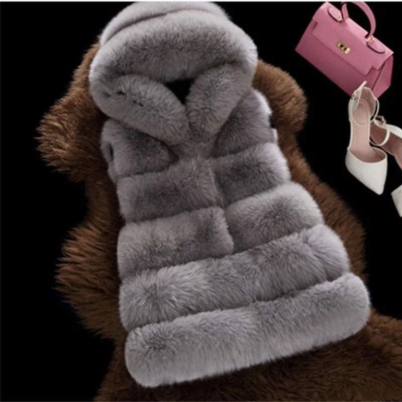 Winter New Women Faux Fox Fur Coat Plush Fashion Warm Slim Sleeveless Waistcoat Large Size 4xl Hooded Fake Fur Gilet 2023