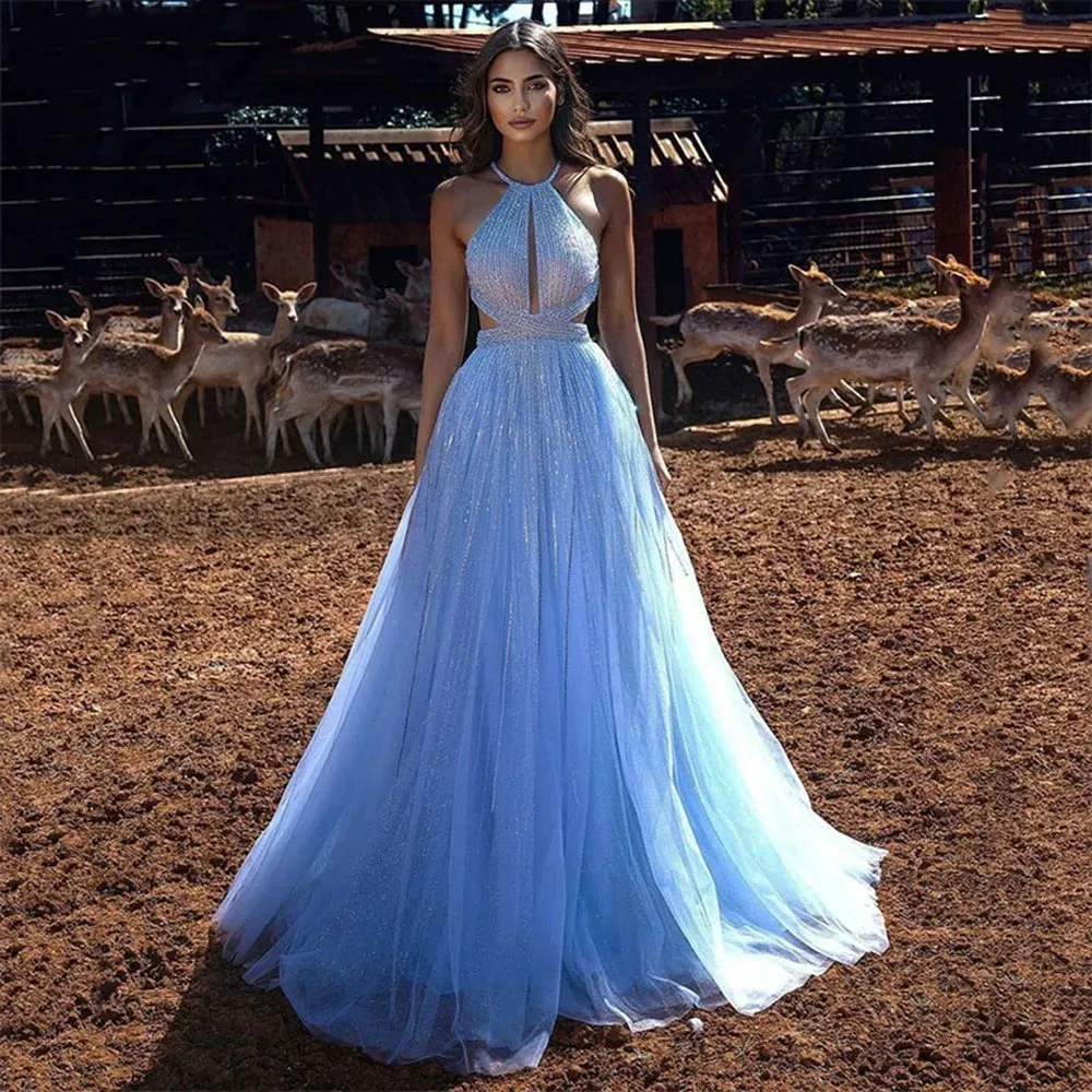 

Sky Blue Halter Sequined Tulle Princess Prom Dress Elegant Glitter Backless Evening Party Gowns vestidos de fiesta