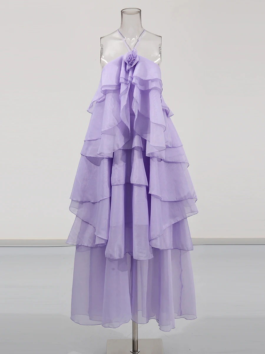 Elegant Halter Dress - Solid Ruffled Backless Sleeveless Fashion for Women
