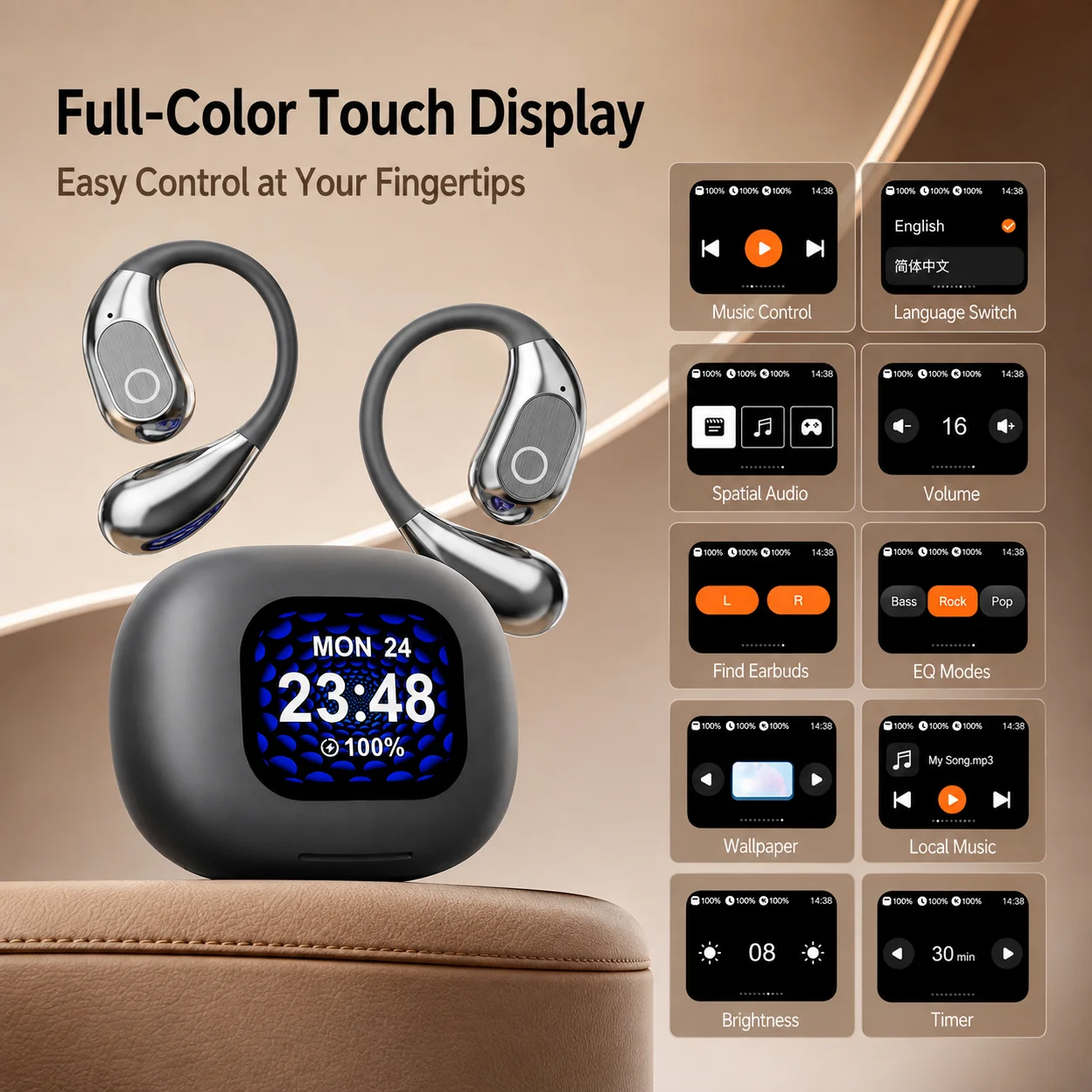 Cuffie Open-Ear Bluetooth 5.4 con Custodia Touchscreen, Riduzione del Rumore ANC ENC, Audio Hi-Fi Stereo, Lunga Durata della Batteria - immagine 2