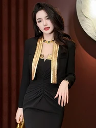 Fashion Professional Black Jackets for Women Elegant Blazers Office Clothes Gold Sequin Outerwear Lady Business Party Suit Coat