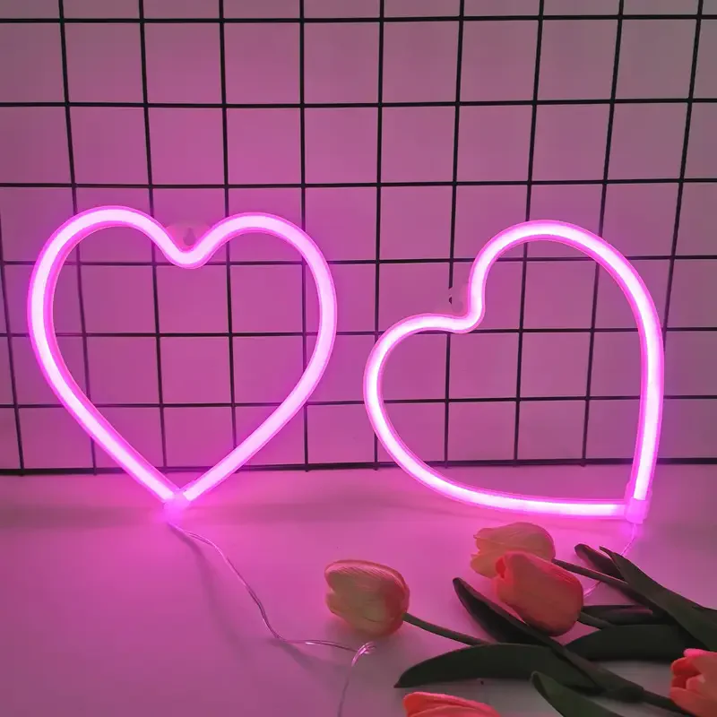 Pink Heart LED Neon Sign - USB/Battery Powered Decorative Light for Bedroom or Party Decor