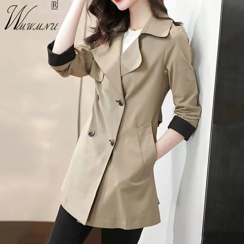 

Office Lady Women's Trench Coat Classic Double Breasted Mid-Length Windbreaker Slim Fashion Coats Mother Solid Color Gabardina