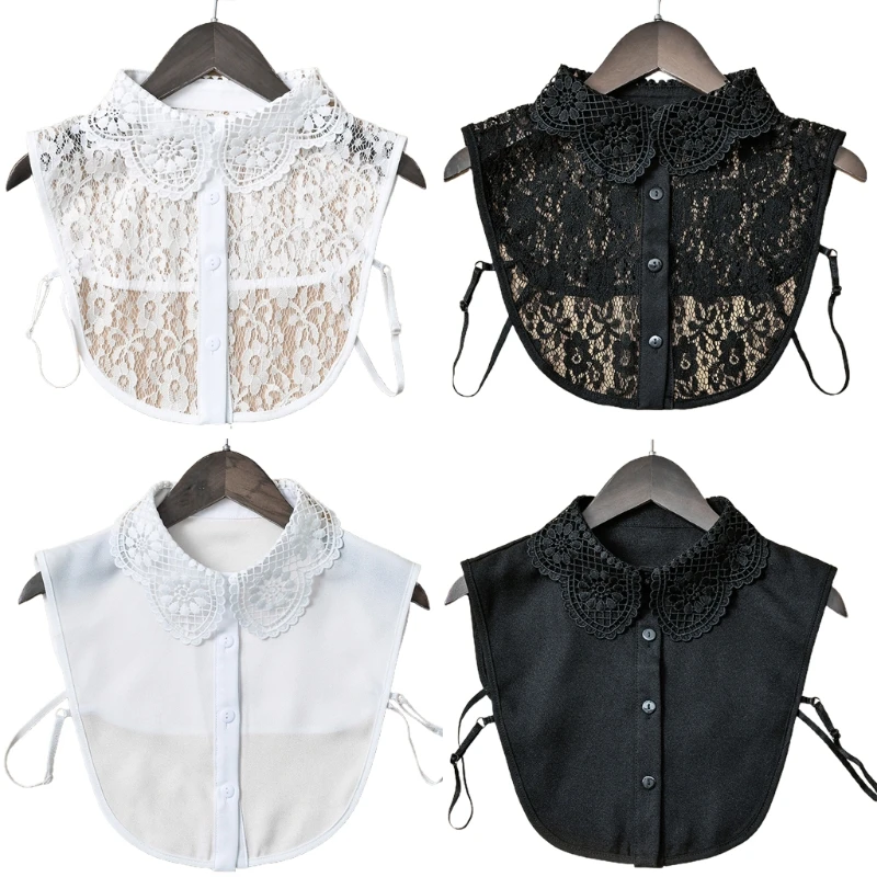 

Women Elegant Decorative Lapel Half Shirt Blouse Hollow Out Jacquard Floral Lace Breathable Button Down Detachable Drop Shipping